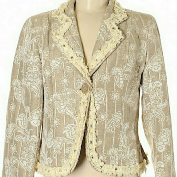 Bakers Tan Linen Gold Metallic Paisley Embossed Fringe Embellished Rhinestone M - Picture 1 of 3